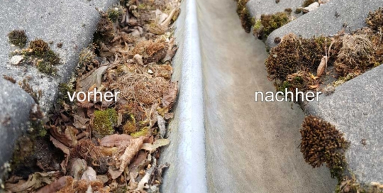 Regenrinne vor und nach einer Dachrinnenreinigung