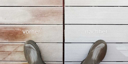 Terrassenreinigung: Vorher-Nachher-Ansicht einer gereinigten WPC Terrasse