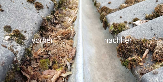 Regenrinne vor und nach einer Dachrinnenreinigung