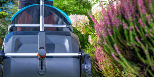 Der Gärtner erleichtert seine Arbeit erheblich, indem er einen Laub- und Rasensammler verwendet